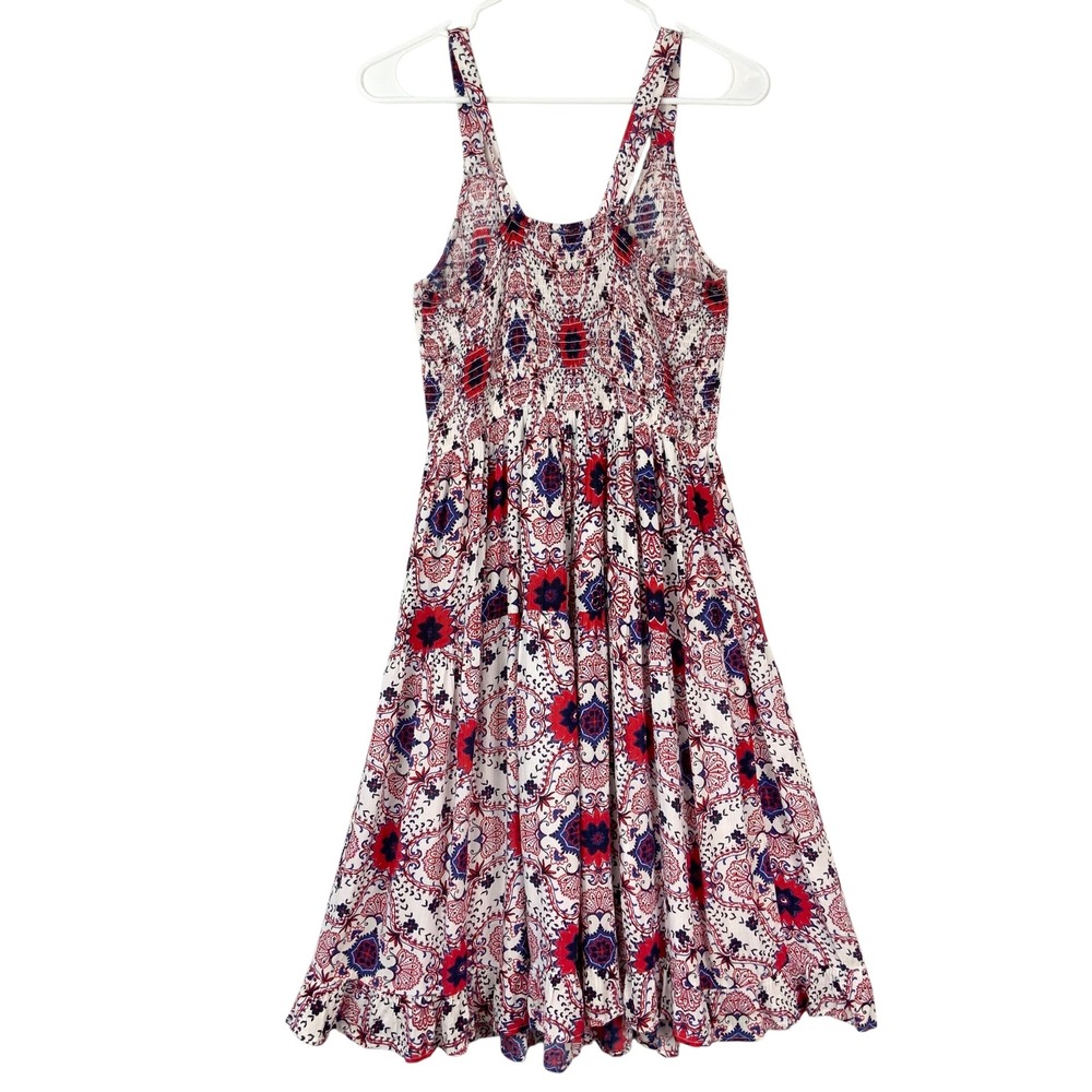 Japna Red Blue Medallion Midi Dress M Pull-on V-Neck Sleeveless Smocked Bodice - Picture 5 of 7